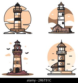 vintage lighthouse logo in flat line art style isolated on background Stock Vector