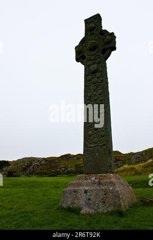 Original celtic cross on Isle of Iona, more than 1000 years old Stock Photo