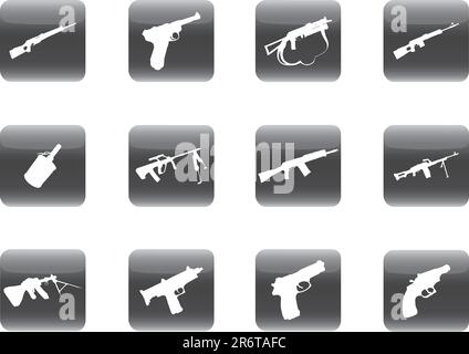Guns. Set of 12 round vector buttons for web Stock Vector