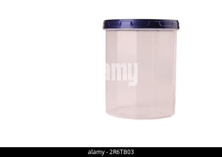 container plastic food isolate on white for the kitchen, croup, blue lid, transparent Stock Photo