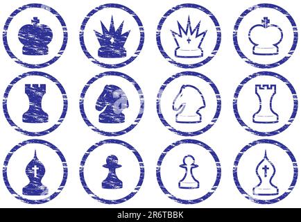 Chess icons set. Grunge. White - dark blue palette. Vector illustration. Stock Vector