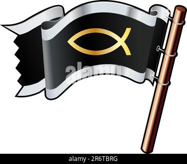 Jesus fish religious icon on black, silver, and gold vector flag good for use on websites, in print, or on promotional materials Stock Vector