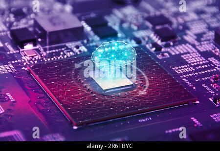 AI artificial intelligence concept, Close up of brain microprocessor on motherboard electronic computer background, Futuristic innovative technologies Stock Photo