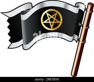Pentagram religious icon on black, silver, and gold vector flag good for use on websites, in print, or on promotional materials Stock Vector