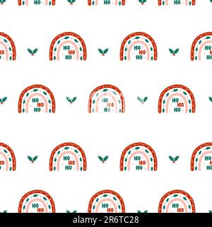 Christmas seamless pattern with rainbows and holly berry leaves. Cute winter background in boho style. Vector childish illustration for posters Stock Vector