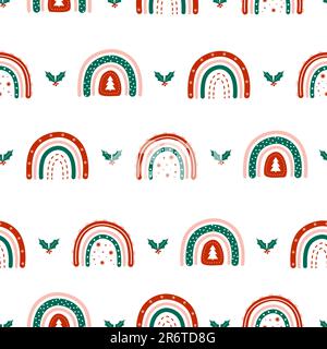 Christmas seamless pattern with rainbows and holly berry leaves. Cute winter background in boho style. Vector childish illustration for posters Stock Vector