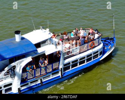 Budapest, 06.31.2018: the tour boat on the Danube called Mermaid or Hableany that tragically sank on May 29, 2019. 28 people of the 34 on board died. Stock Photo