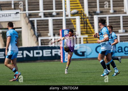 Newcastle, UK. 11th June, 2023. Nikau Williams of Newcastle Thunder kicks during the BETFRED Championship match between Newcastle Thunder and Batley Bulldogs at Kingston Park, Newcastle on Sunday 11th June 2023. (Photo: Chris Lishman | MI News) Credit: MI News & Sport /Alamy Live News Stock Photo