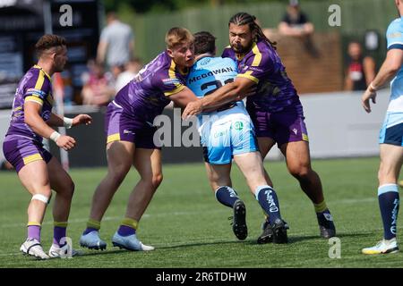 Newcastle, UK. 11th June, 2023. Aidan McGowan of Batley Bulldogs is tackled during the BETFRED Championship match between Newcastle Thunder and Batley Bulldogs at Kingston Park, Newcastle on Sunday 11th June 2023. (Photo: Chris Lishman | MI News) Credit: MI News & Sport /Alamy Live News Stock Photo