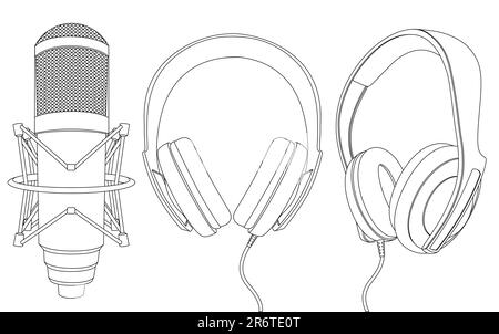 Vector image of earphones and microphone isolated on white. Stock Vector