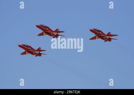 RAF Red Arrows Hawk T1 at RAF Valley, Anglesey, North West Wales, United Kingdom. Stock Photo
