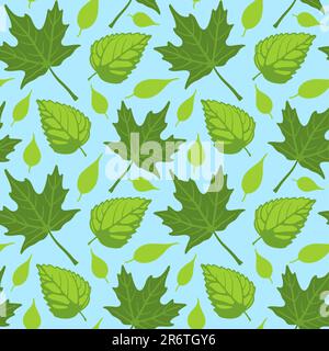 Vector illustration of a seamless repeating pattern of Summer leaves over blue sky background. Illustration is composed from four separate grouped ... Stock Vector