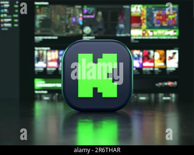 Valencia, Spain - June, 2023: Kick app logo in front a screen with the interface in 3D rendering. Kick is a new live streaming and video platform as a Stock Photo