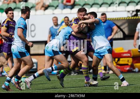 Newcastle, UK. 11th June, 2023. Nicholas Staveley of Newcastle Thunder on the charge during the BETFRED Championship match between Newcastle Thunder and Batley Bulldogs at Kingston Park, Newcastle on Sunday 11th June 2023. (Photo: Chris Lishman | MI News) Credit: MI News & Sport /Alamy Live News Stock Photo