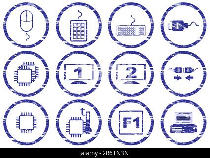 Gadget icons set. Grunge. White - dark blue palette. Vector illustration. Stock Vector