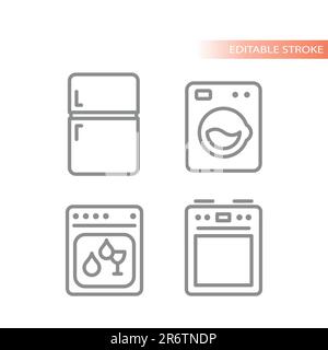 Home, household appliances, oven, stove and washing machine icons. Fridge, dishwasher line vector icon set. Stock Vector