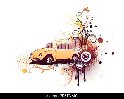 Vector illustration of old custom Volkswagen Beatle on the Grunge Floral Decorative background Stock Vector