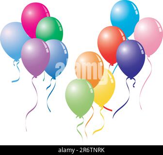 eleven colorful balloons with curly ribbons in vector format. Stock Vector