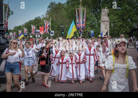 London, UK. 11th June 2023. Annual Ukrainian Vyshyvanka March. British-Ukrainians march through the city wearing traditional embroidered dress, also called Vyshyvanka, which demonstrates adherence to the idea of national identity, unity and proud patriotism. Credit: Guy Corbishley/Alamy Live News Stock Photo