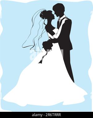 Black and white silhouettes of a groom and a bride holding hands and ...