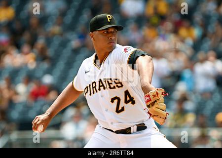 Pittsburgh Pirates starting pitcher Johan Oviedo (24) delivers against the  Texas Rangers in the fourth inning of a baseball game, Wednesday, May 24,  in Pittsburgh. Texas Rangers won 3-2. (AP Photo/Barry Reeger