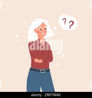 Elderly woman in doubt. Smart female character having questions. Problem solving. Vector illustration in flat cartoon style Stock Vector