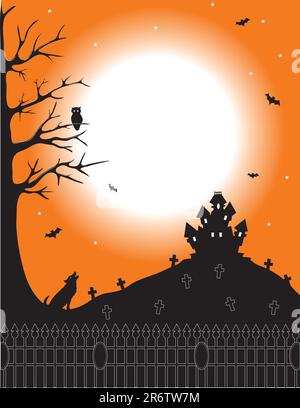 Silhouette of a haunted house on the hill of a cemetery Stock Vector