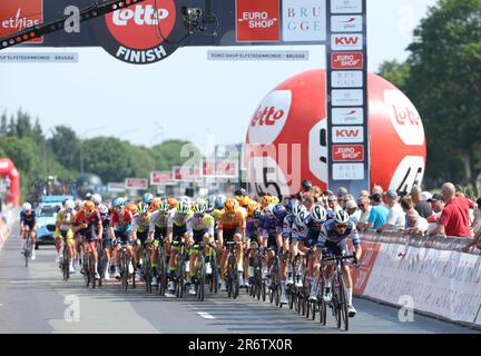 illustration picture of the peloton taken during the Elfstedenronde one day cycling race, race 8 (out of 10) of the Lotto Cycling Cup, 190,3km with start and finish in Brugge, Sunday 11 June 2023. BELGA PHOTO DAVID PINTENS Stock Photo