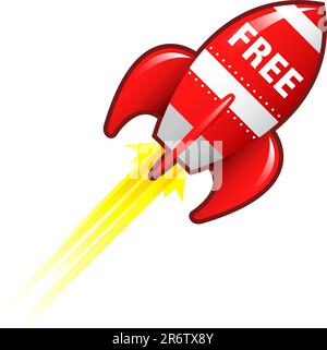 Free e-commerce icon on red retro rocket ship illustration good for use as a button, in print materials, or in advertisements. Stock Vector
