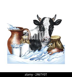 Cow and dairy products in ceramic and glassware. Watercolor hand drawn illustration. On a white background. For milk promotion banner, dairy products Stock Photo