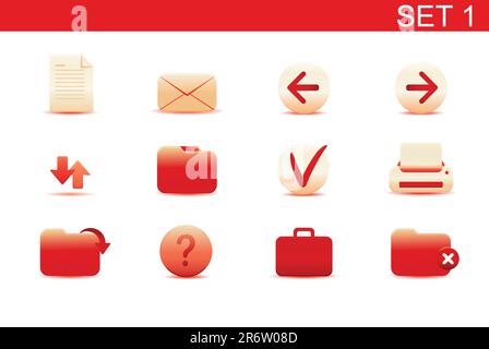 Vector illustration ? set of red elegant simple icons for common computer functions. Set-1 Stock Vector