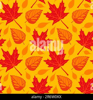 Vector illustration of a seamless repeating pattern of Autumn leaves over gold background. Illustration is composed from four separate grouped tiles. Stock Vector