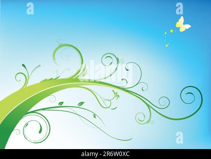 Vector illustration of floral lines background with Design elements - green flourish and yellow butterfly on white background Stock Vector