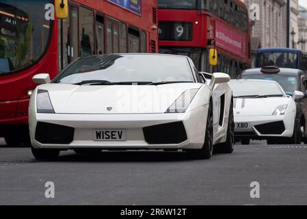 Westminster, London, UK. 11th Jun, 2023. Named after the 1976 movie The Gumball Rally, the Gumball 3000 is an annual 3,000-mile international celebrity motor rally, which takes place on public roads around the World. The event is due to meet at Battersea Power Station this evening, with a number of uninvolved enthusiasts in their supercars visiting Westminster before heading to the meet. White Lamborghini sports cars Stock Photo