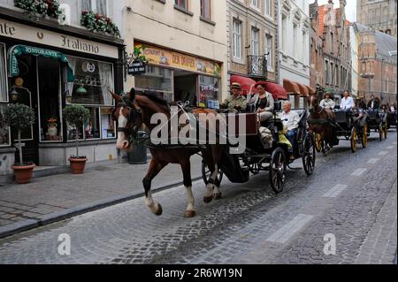 Horse-drawn carriages, Flanders, cobblestones, Bruges, West Flanders, Belgium Stock Photo