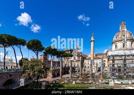 Trajan’s Forum with Santa Maria di Loreto, a 16th century church in the background ,viewed from Via dei Fori Imperiali,Rome,Italy Stock Photo