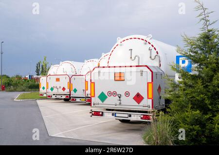 Tank trailers stand in a row. LPG transportation Stock Photo