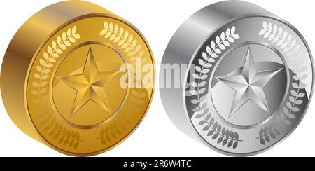 Set of 3D metallic coins with star elements. Stock Vector