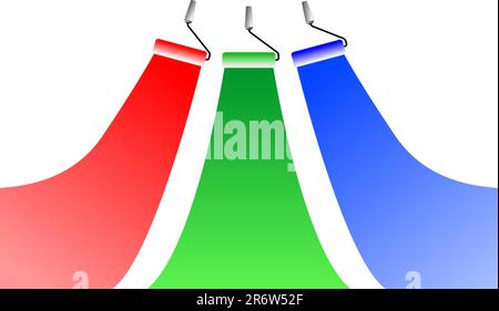 vector illustration of three roller brushes with RGB paints Stock Vector