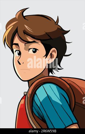 Blend of comic book art and lineart in full natural colors. A young boy with short brown hair and a determined expression. He wears a red t-shirt, car Stock Vector