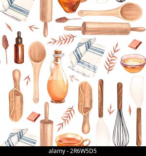 Watercolor seamless pattern cooking utensils and kitchen tools . Illustration on white background. Isolated on white background cafe, restaurant menu Stock Photo