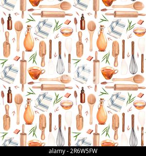 Watercolor seamless pattern cooking utensils and kitchen tools . Illustration on white background. Isolated on white background cafe, restaurant menu Stock Photo