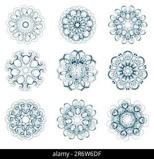 Vector illustration of abstract floral and ornamental elements set. Snowflakes and stars  for your Christmas design Stock Vector