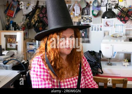 Stacey Grant-Canham of Black & Beech feminist fashion networking at The Welsh Girl shop during Hay Festival 2023 Hay-on-Wye Wales UK  KATHY DEWITT Stock Photo