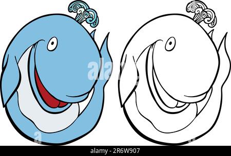 Cartoon image of a whale - both color and black / white versions. Stock Vector