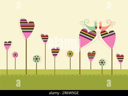 Love birds sitting on the heart shaped trees in the love garden. Available in vector format. Vector format is Adobe illustrator EPS file, compresse... Stock Vector