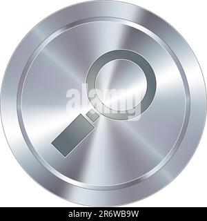 Magnifying glass or enlarge icon on round stainless steel modern industrial button Stock Vector