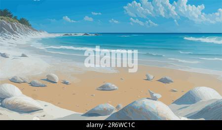 oil paint of a pristine, untouched beach with untouched white sand stretching as far as the eye can see. Depict an array of seashells scattered across Stock Vector