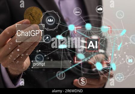 Businessman touching the brain working of Artificial Intelligence (AI) Automation, Predictive analytics, Customer service AI-powered chatbot, analyze Stock Photo