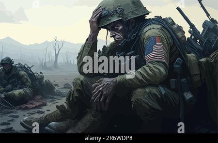 The aftermath of war, Create a composition portraying the struggles faced by soldiers after returning home, focusing on the mental and physical Stock Vector